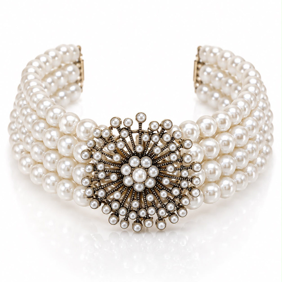 Vintage Broşlu Çok Sıralı İnci Choker Kolye