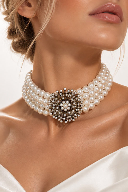 Vintage Broşlu Çok Sıralı İnci Choker Kolye