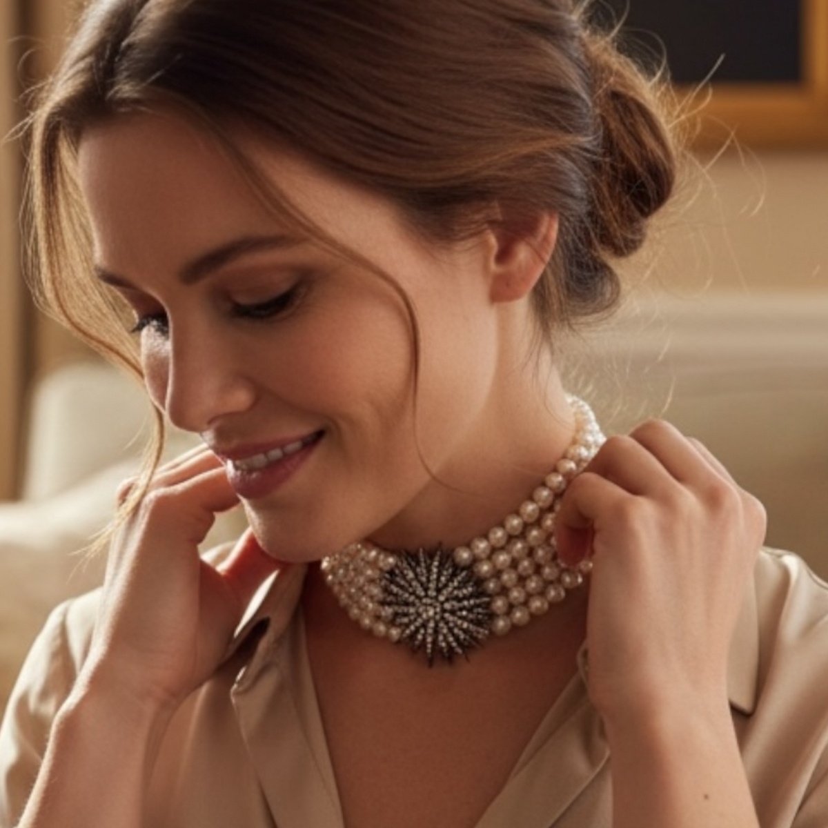 Yıldız Broşlu Çok Sıralı İnci Choker Kolye